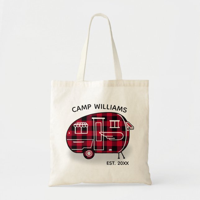 Camper Rustic Red Buffalo Plaid Monogram Name Tote Bag (Front)