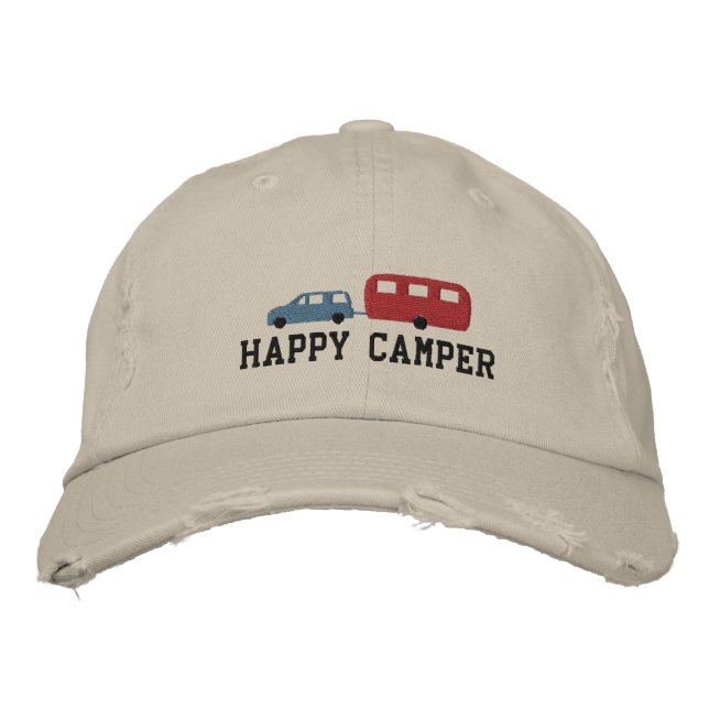 Camper Trailer and Car Happy Camper Embroidered Baseball Cap (Front)