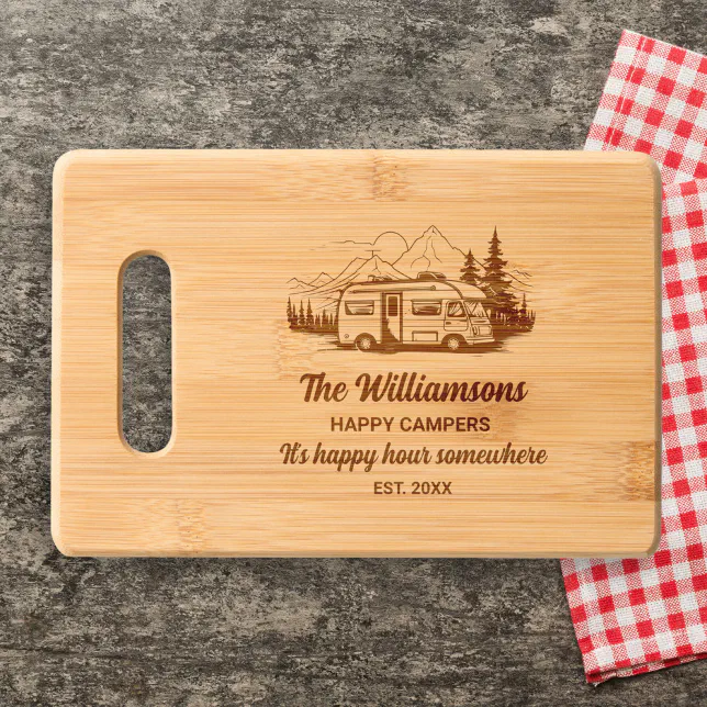 Camper Van Happy Campers Custom Name, Text Engraved Cutting Board
