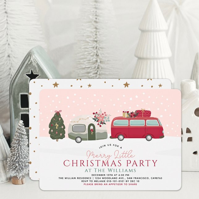 Camper Van Pink Merry Little Christmas Party Invitation (Creator Uploaded)