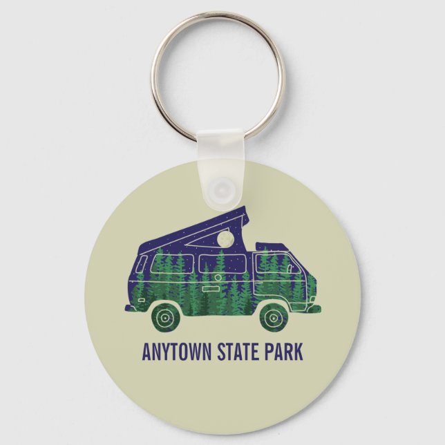 Camper Van with Pop Up Tent Custom Text Graphic Keychain (Front)