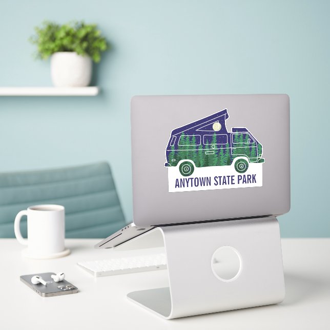 Camper Van with Pop Up Tent Custom Text Graphic Sticker (Laptop On Desk)