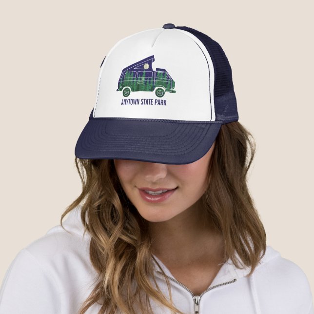 Camper Van with Pop Up Tent Custom Text Graphic Trucker Hat (In Situ)