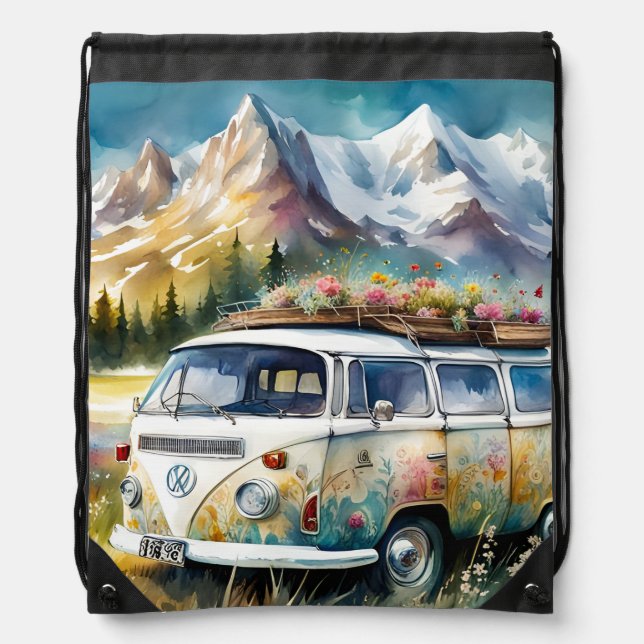 Campervan Bliss Retro Campervan In The Mountains Drawstring Bag (Front)