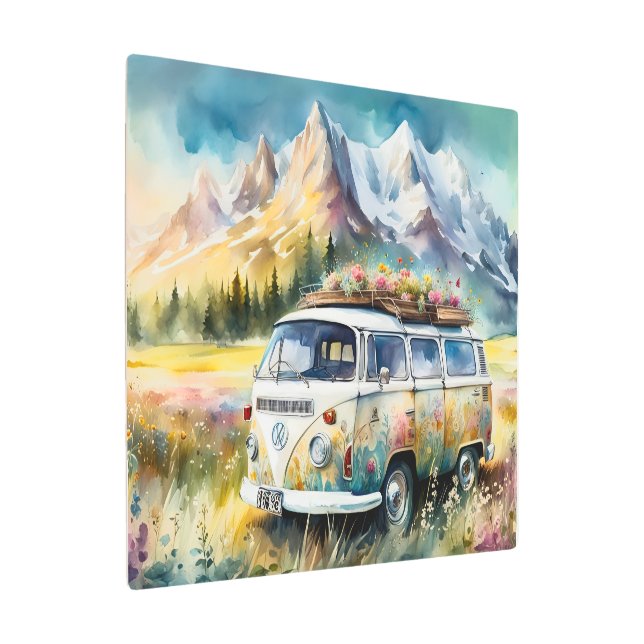 Campervan Bliss Retro Campervan In The Mountains Metal Print (Angled)
