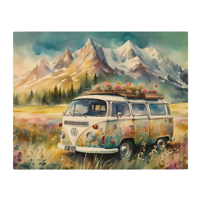 Campervan Bliss Retro Campervan In The Mountains Wood Wall Art (Front)