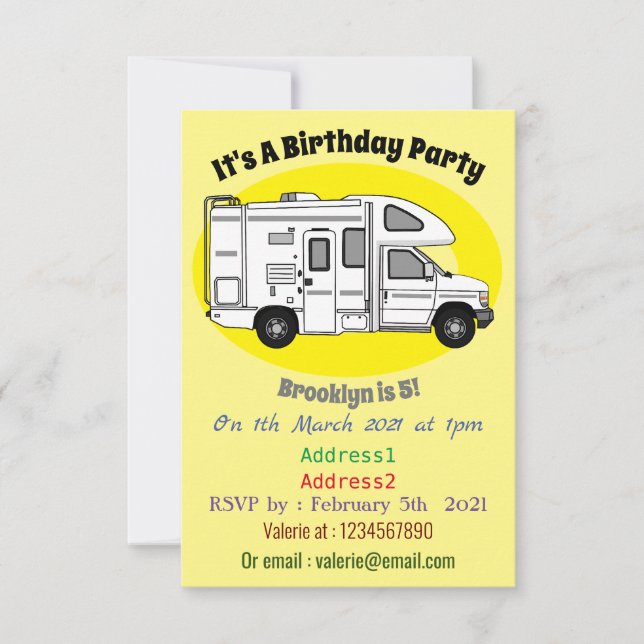 Campervan cartoon illustration invitation (Front)