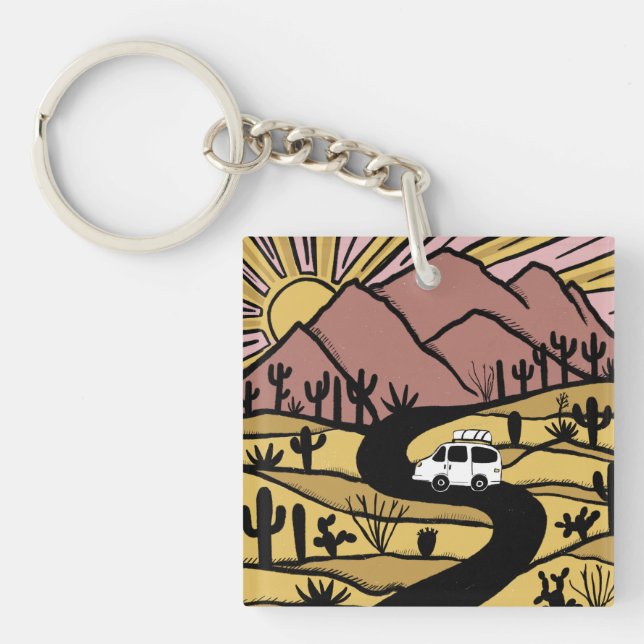 Campervan Desert Mountains Vanlife RV Sunrise Keychain (Front)