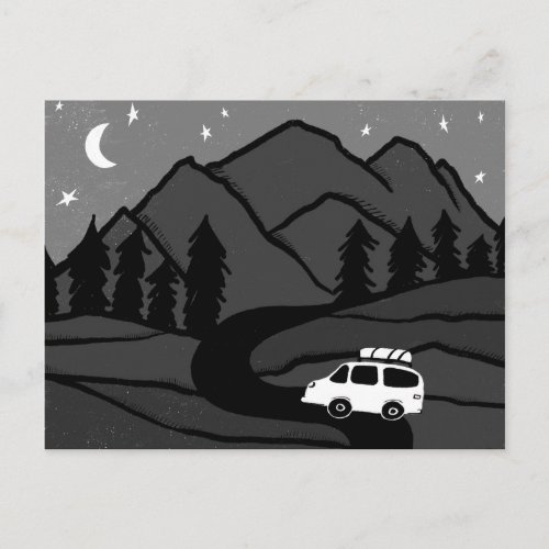 Campervan Mountains Vanlife RV Moon BW Postcard