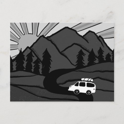 Campervan Mountains Vanlife RV Sunrise BW Postcard