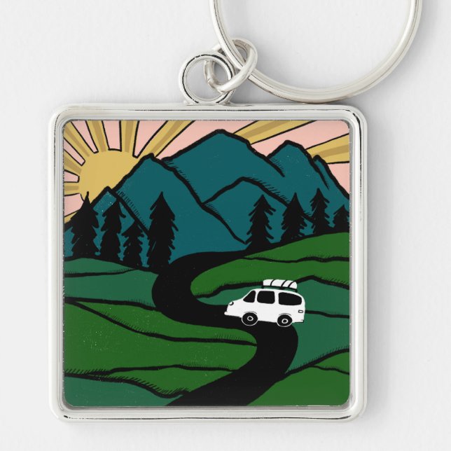 Campervan Mountains Vanlife RV Sunrise Keychain (Front)