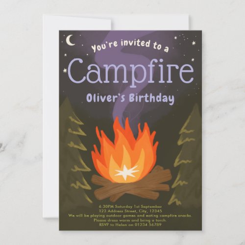 Campfire adventure kids birthday party invitation