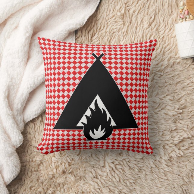 Campfire and Tent on Picnic Table Pattern Throw Pillow (Blanket)