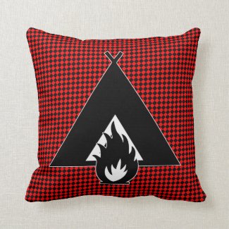 Campfire and Tent on Red and Black Checkerboard Throw Pillow