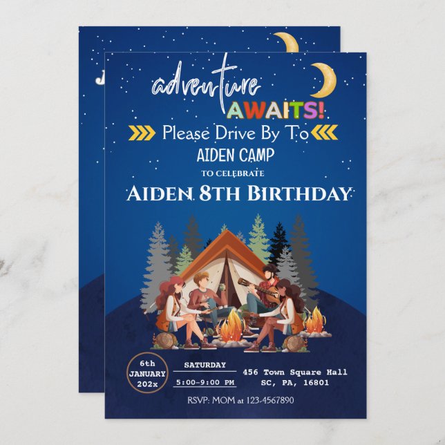 CAMPFIRE BIRTHDAY BASH, CAMPING ON MOUNTAINS  INVITATION (Front/Back)
