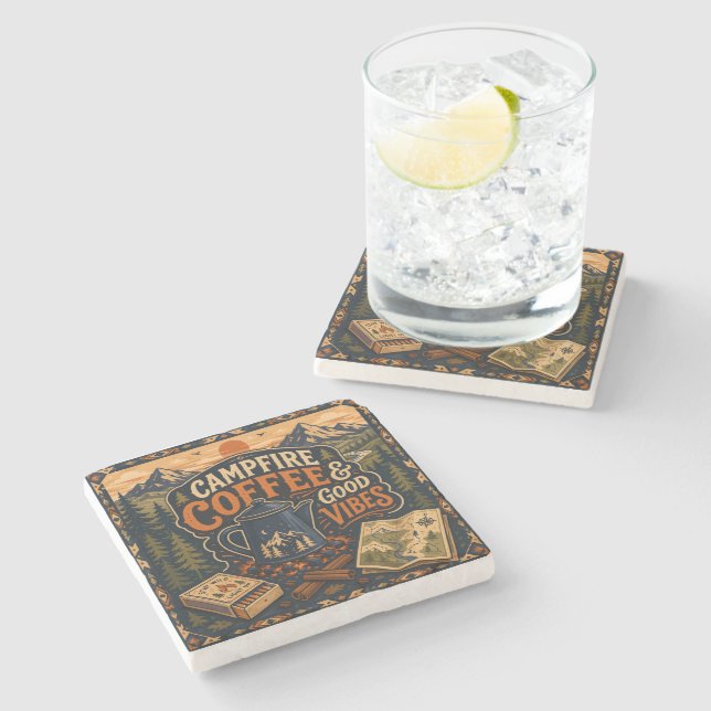 Campfire Coffee And Good Vibes Stone Coaster (Side)