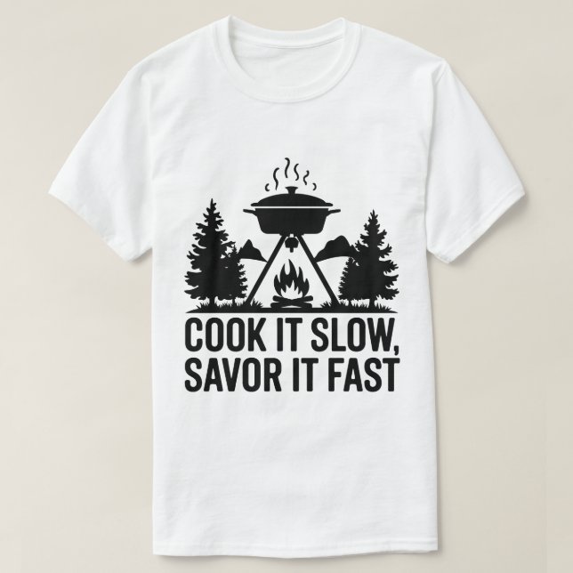 Campfire Cooking Pot Mountain Wilderness Art T-Shirt (Design Front)