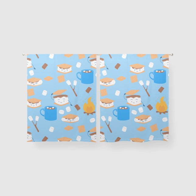 campfire marshmallow chocolate smores blue sheer curtains (Pair)