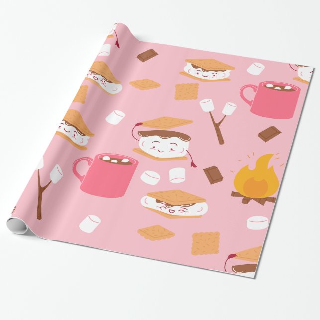 campfire marshmallow chocolate smores pink wrapping paper (Unrolled)