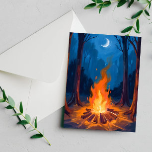 Campfire Moon Nature Watercolor Painting Card