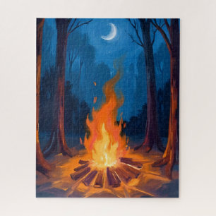 Campfire Moon Nature Watercolor Painting Jigsaw Puzzle