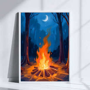 Campfire Moon Nature Watercolor Painting Poster