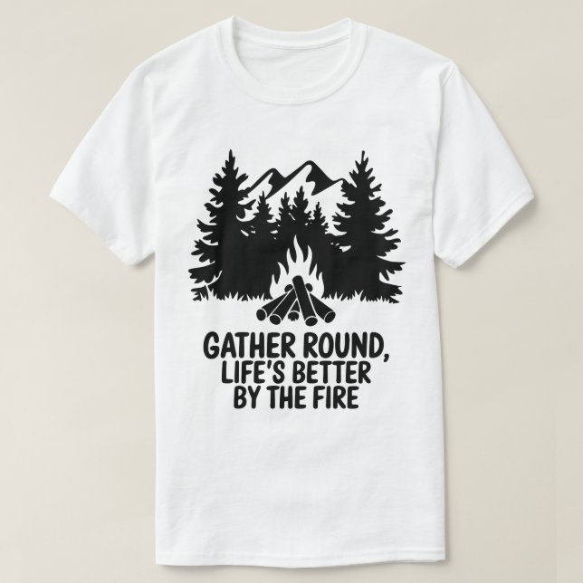 Campfire Nights Mountain Forest Silhouette Quote T-Shirt (Design Front)