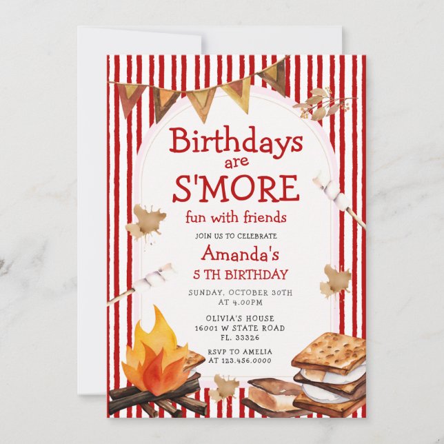 Campfire Red Stripes Birthday are S'mores Fun Invitation (Front)