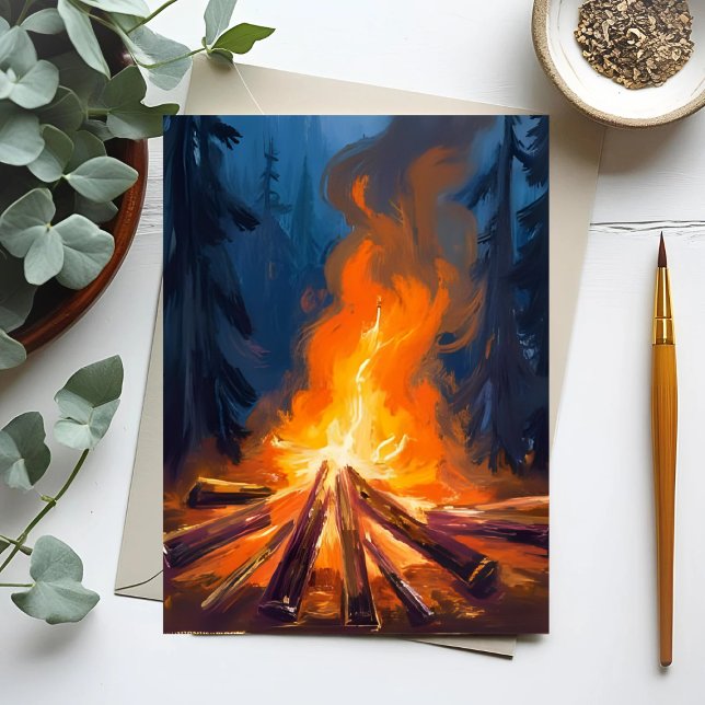 Campfire Watercolor Forest Painting Postcard (Creator Uploaded)