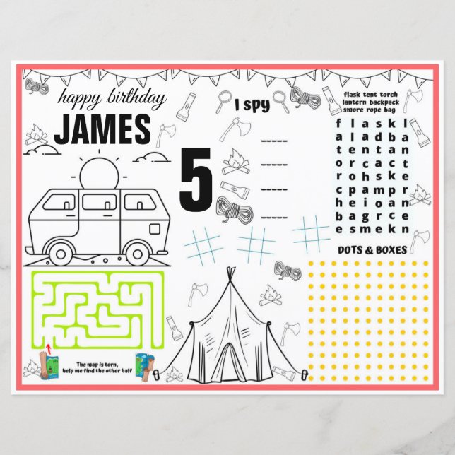 Camping activity & coloring sheet and placemats (Front)