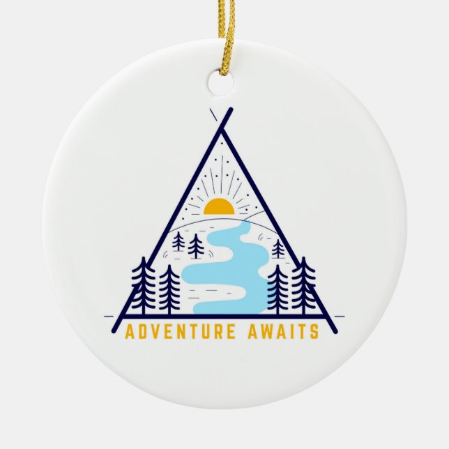 Camping adventure awaits ceramic ornament (Front)