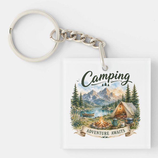 Camping Adventure Awaits Mountain Lake Wilderness  Keychain (Front)