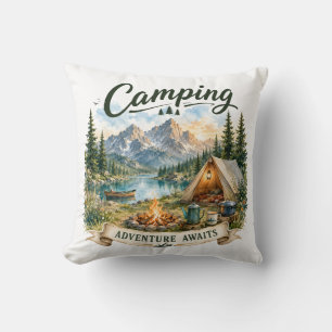 Camping Adventure Awaits Mountain Lake Wilderness  Throw Pillow