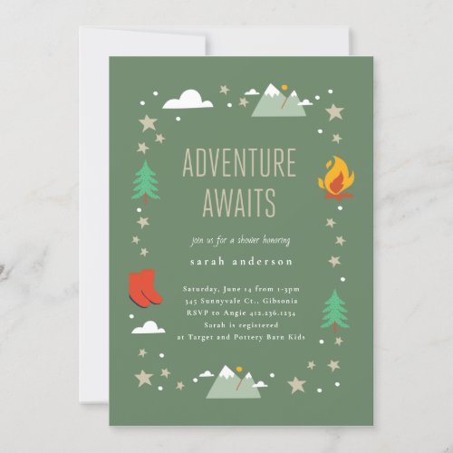 Camping Adventure Awaits Neutral Baby Shower Invitation