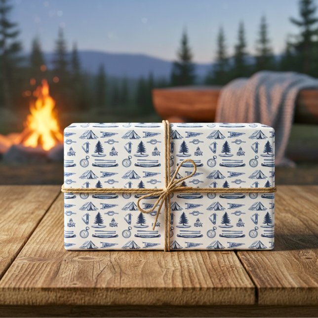 Camping Adventure Blue Hand-Drawn Wrapping Paper (Camping Adventure Blue Wrapping Paper)