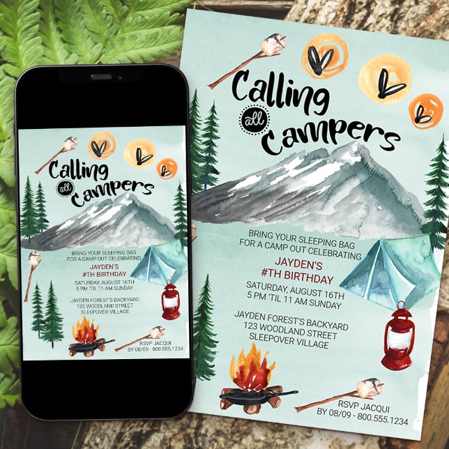Camping Adventure Calling All Campers Birthday Invitation