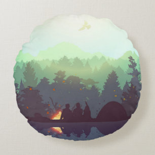 Camping Adventure Forest Mountain Illustration Round Pillow