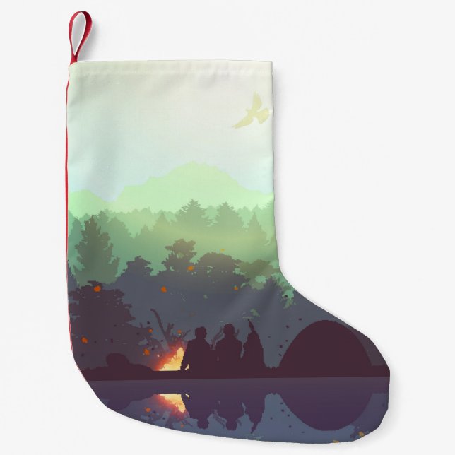 Camping Adventure Forest Mountain Illustration Small Christmas Stocking (Front)
