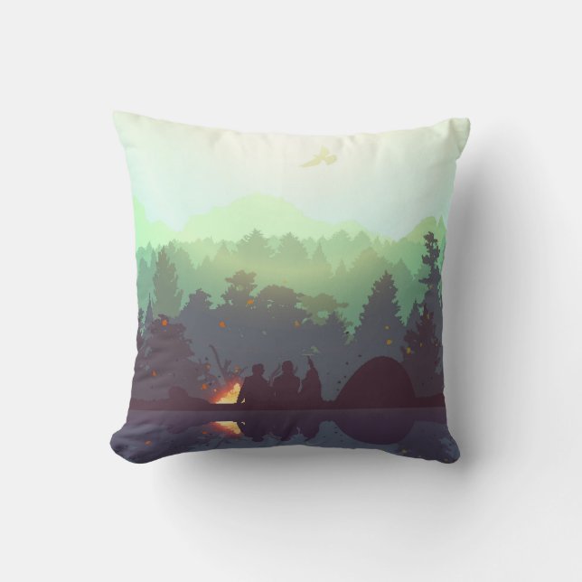 Camping Adventure Forest Mountain Illustration Throw Pillow (Front)