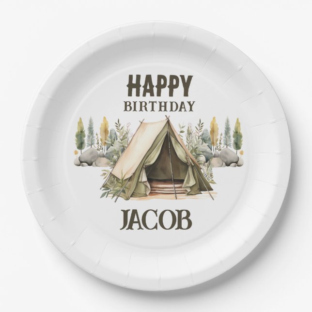Camping Adventure Kids Birthday Party Paper Plates (Front)
