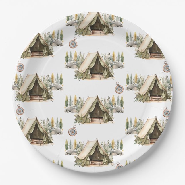 Camping Adventure Kids Birthday Party Pattern Paper Plates (Front)