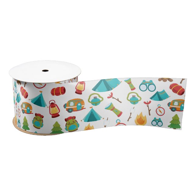 Camping Adventure Pattern on White Satin Ribbon (Spool)