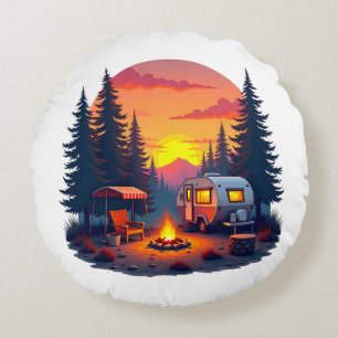 Camping at Sunset in the Wilderness of the Woods Round Pillow