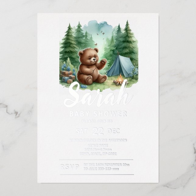 Camping Baby Bear in the Woods Baby Shower Foil Invitation (Front)
