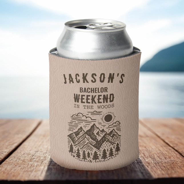 Camping Bachelor Party Can Cooler (Custom Bachelor Weekend in the Woods Beer Can Cooler)