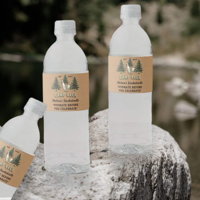 Camping Bachelorette Personalized Kraft Tan Rustic Water Bottle Label (Creator Uploaded)