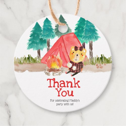 Camping bear birthday party theme favor tag