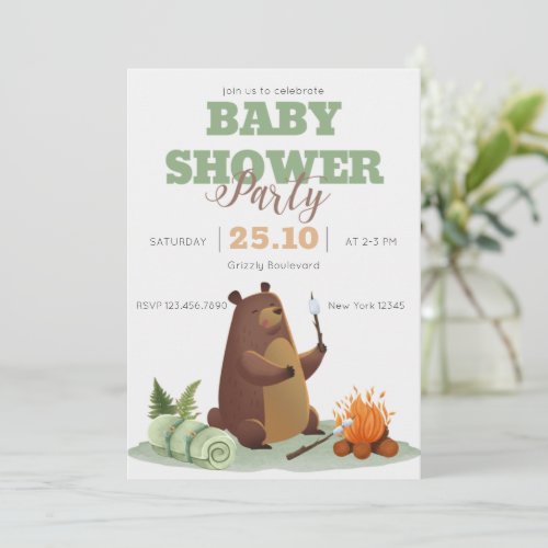 Camping Bear Bonfire Baby Shower Invitation