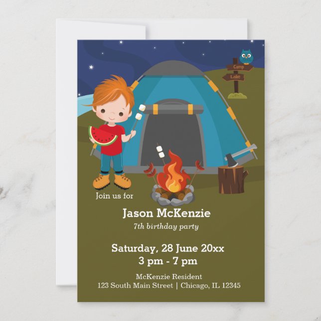 Camping birthday boy invitation (Front)