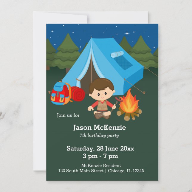Camping birthday boy invitation (Front)